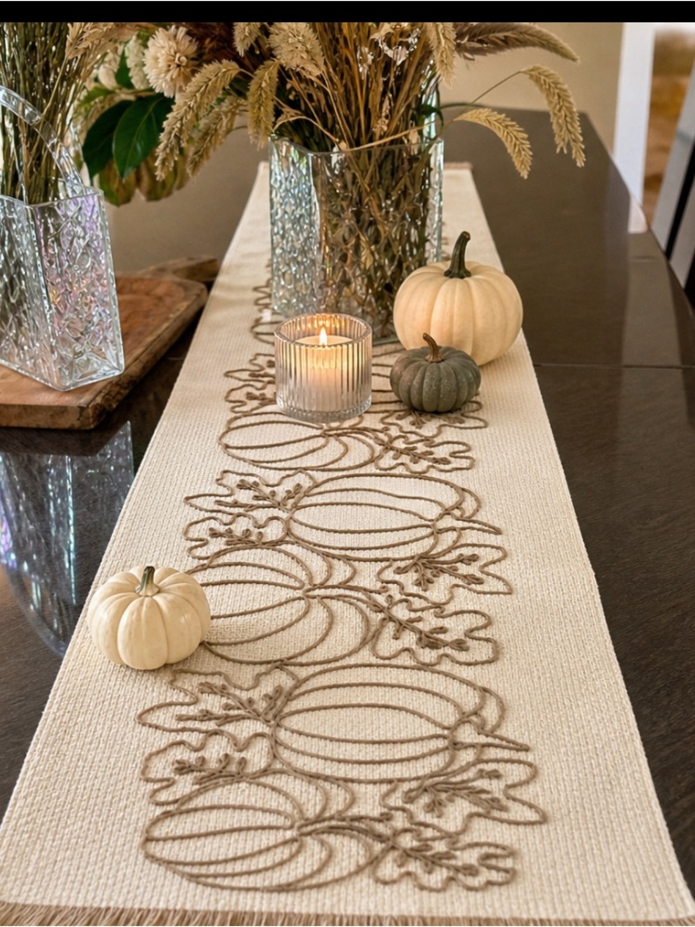 Arket Cream Table Runner with Brown Pumpkin Embroidery